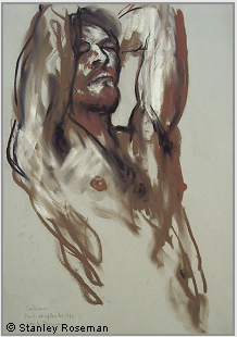 Drawing by Stanley Roseman "Stephane,Male Nude with Arms raised" 1997, Paris, chalks on paper, Collection of the artist.  Stanley Roseman