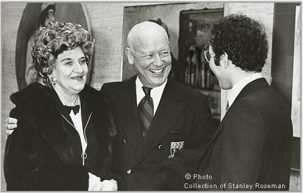 Hermione Gingold (left), Francis Robinson (center), and Stanley Roseman at the opening of the exhibition "Stanley Roseman - The Performing Arts in America," Library and Museum for the Performing Arts, Lincoln Center, 1977.  Photo collection of Stan