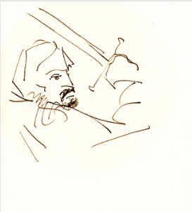 Pen and bistre ink drawing by Stanley Roseman of Sherrill Milnes in the Metropolitan Opera production of Verdi's "Macbeth," 1974, Private collection, New York.